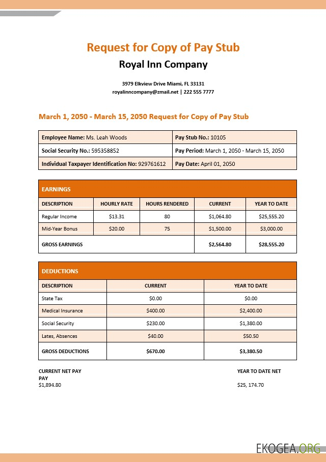 Bulletin de paie de la société Royal Inn aux formats PDF et Word